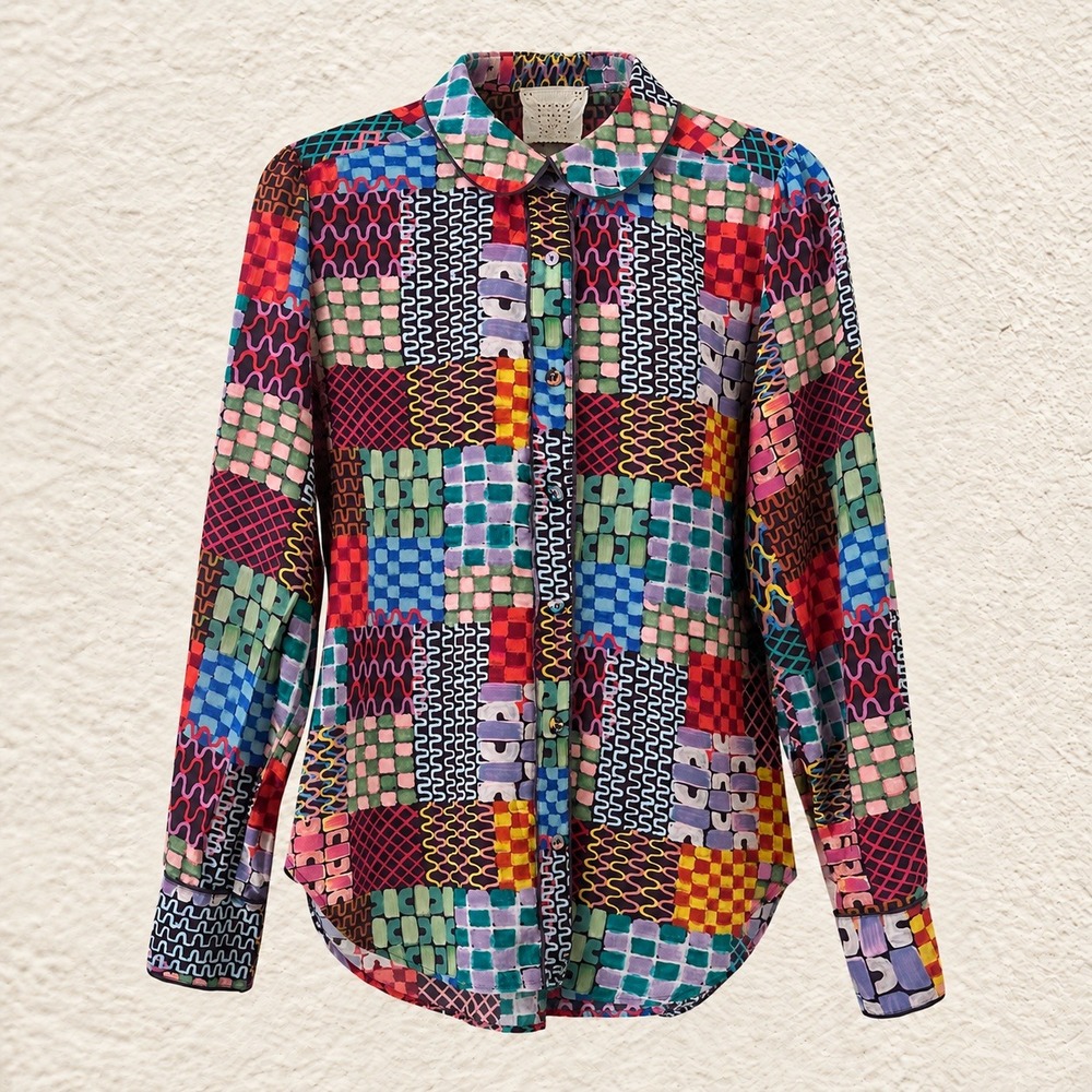 Johnny Was Jade Silk Patchwork Print Button Down Blouse Multicolor L13623-7 sz L